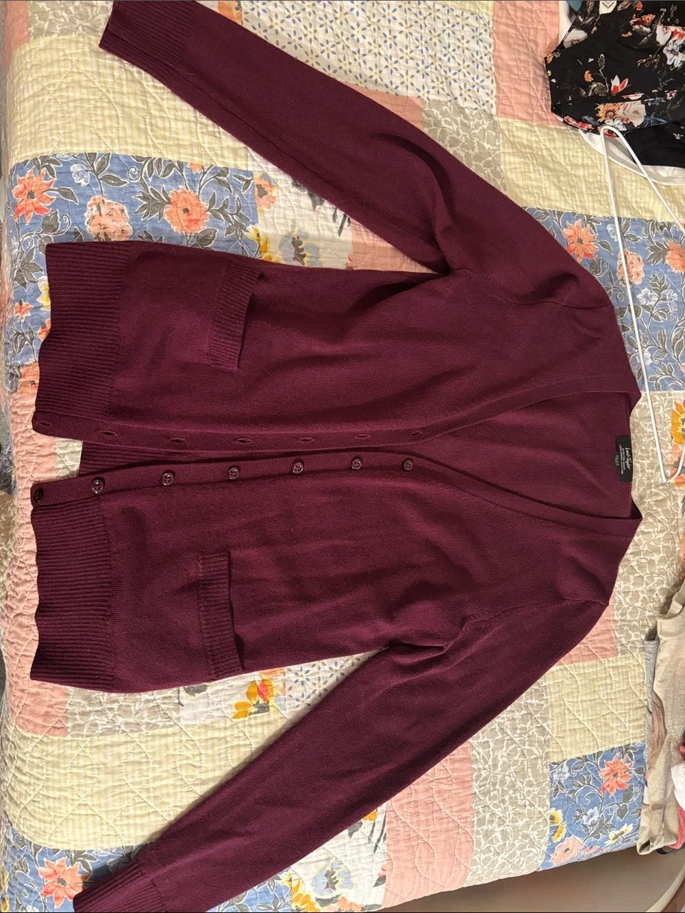 Lord & Taylor Burgundy Merino Wool Open-Front Pocket Cardigan